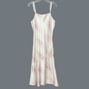 XL Long Satin Nightgown Floral Rose Asymmetrical Lace Trim Shabby-Chic XL Pink K